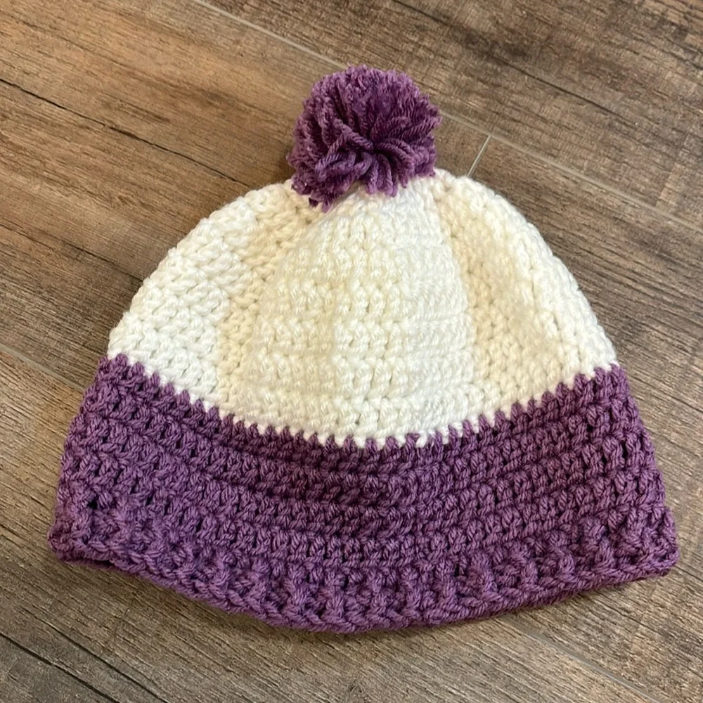 Handmade Child’s Crochet Beanie Hat with Pom Pom in purple and white